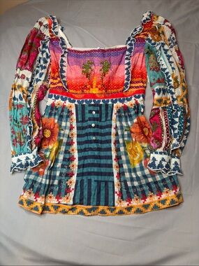 FARM Rio NWT Summer Stitches Floral Romper Patchwork Peasant Shirt Size XS Boho
